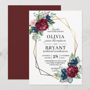 Invitación Boda floral Gold Geo Naval de Borgoña