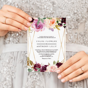 Invitación Boda floral Gold Geométrico Green Rubor Burgundy