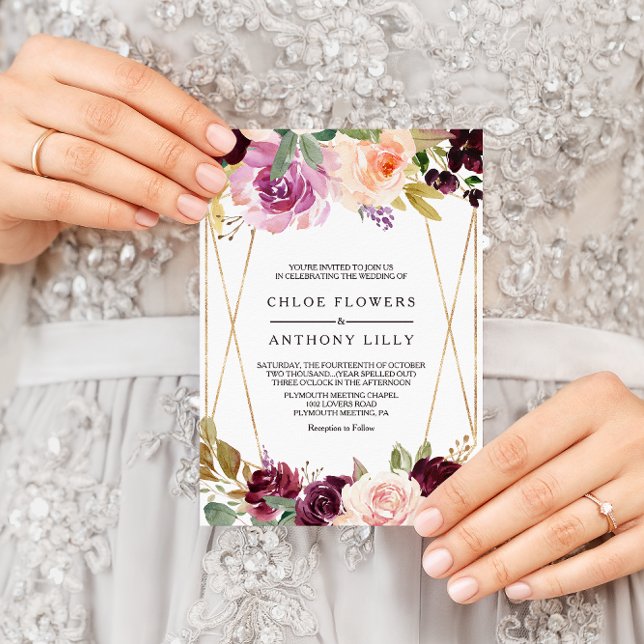 Invitación Boda floral Gold Geométrico Green Rubor Burgundy (Subido por el creador)