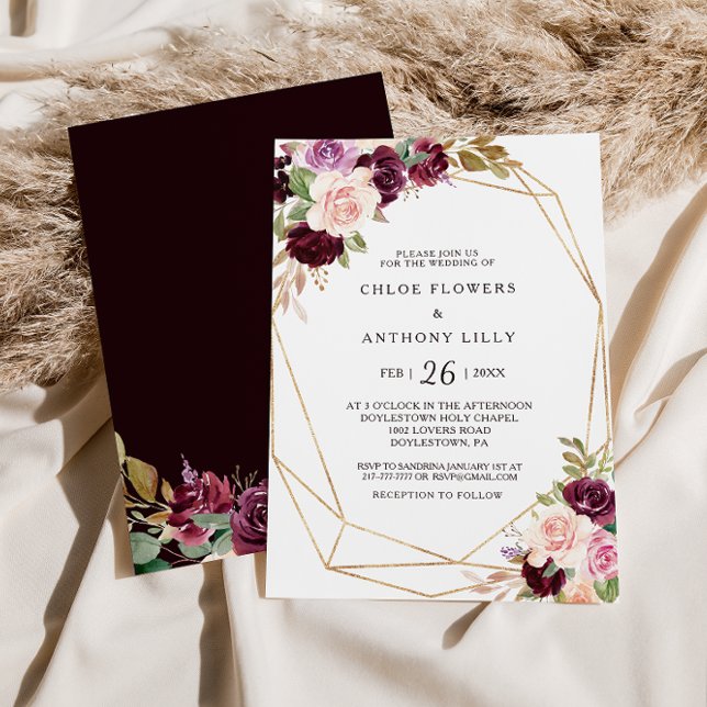 Invitación Boda floral Gold Geométrico Green Rubor Burgundy (Subido por el creador)