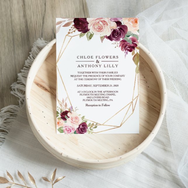 Invitación Boda floral Gold Geométrico Green Rubor Burgundy (Subido por el creador)