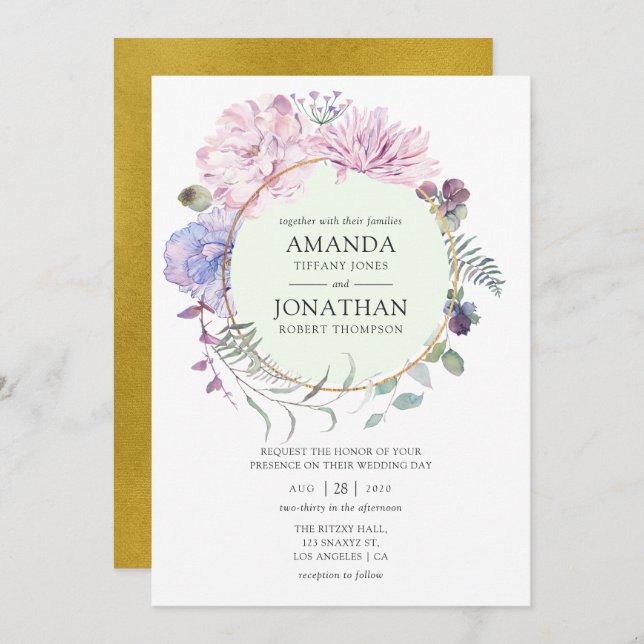 Invitación Boda floral Gold Geométrico Peonies (Anverso / Reverso)