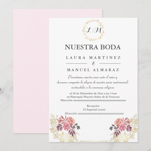 Invitación Boda floral Gold Lavenderblush (Anverso / Reverso)