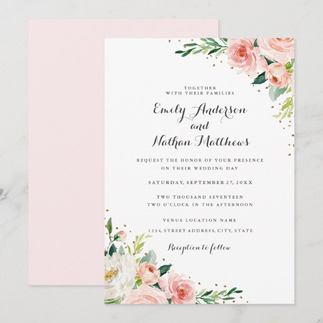 Invitación Boda Floral Gold Rubor (Anverso / Reverso)