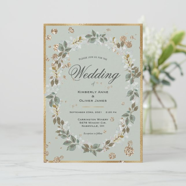Invitación Boda floral Gold Sage Green Watercolor (Anverso de pie)