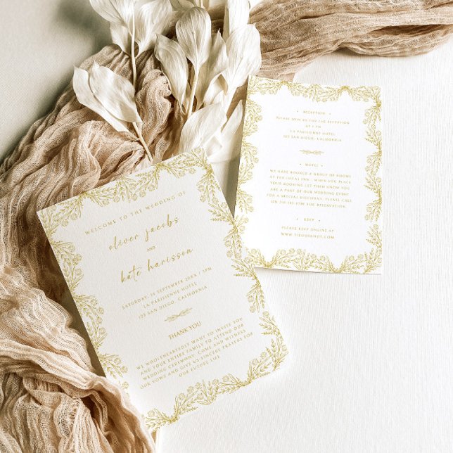 Invitación Boda Floral Gold White Front & Back (Subido por el creador)
