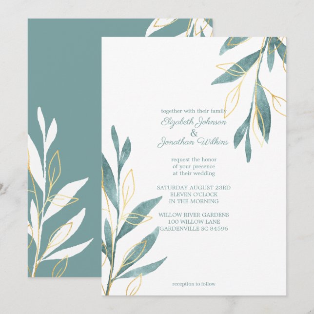 Invitación Boda floral Golden Green Watercolor (Anverso / Reverso)