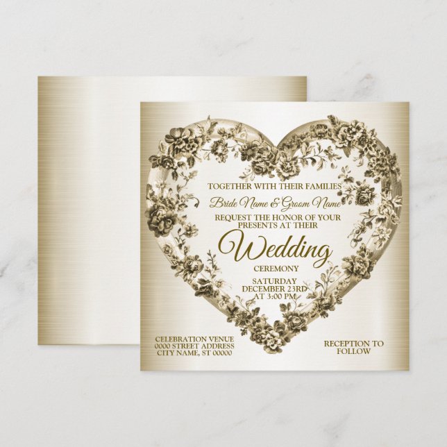 Invitación Boda Floral Golden Ornate Frame Elegante (Anverso / Reverso)