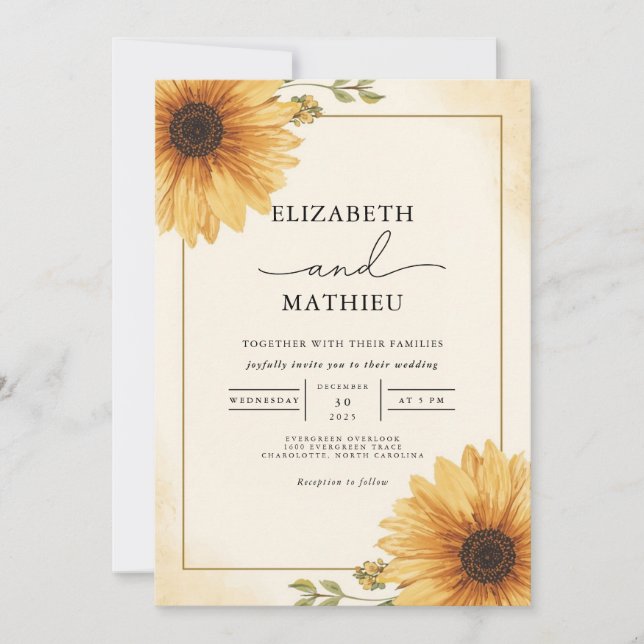 Invitación Boda floral Golden Sunflower Corner (Anverso)