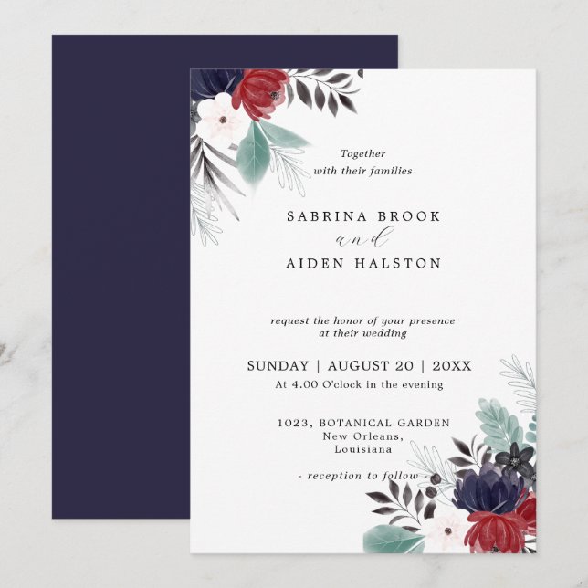 Invitación Boda floral gótica azul borgoña de la Marina (Anverso / Reverso)