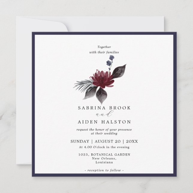 Invitación Boda floral gótica azul borgoña de la Marina (Anverso)