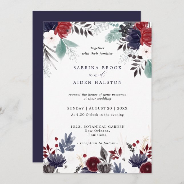 Invitación Boda floral gótica azul borgoña de la Marina (Anverso / Reverso)
