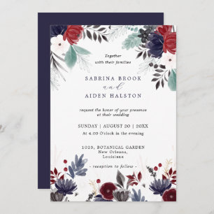 Invitación Boda floral gótica azul borgoña de la Marina