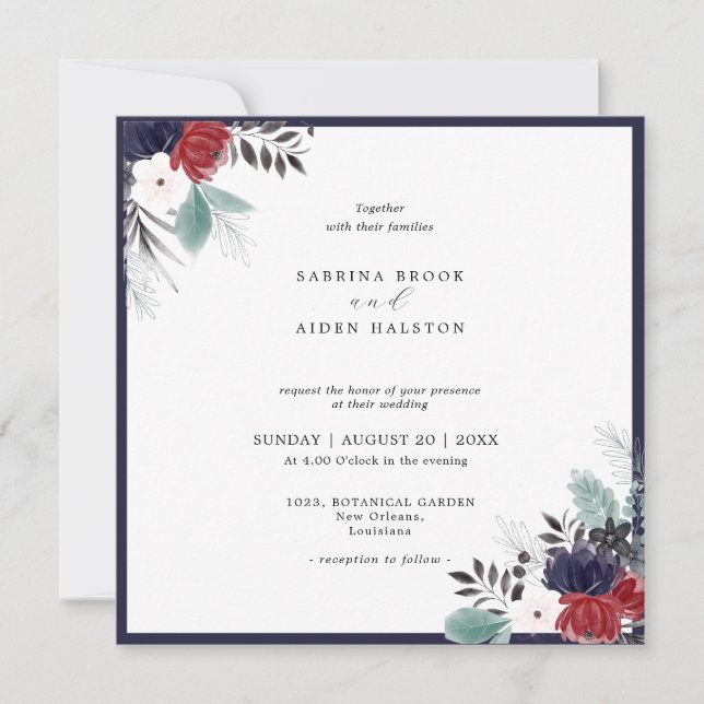 Invitación Boda floral gótica azul borgoña de la Marina (Anverso)