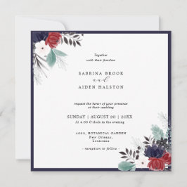 Invitación Boda floral gótica azul borgoña de la Marina
