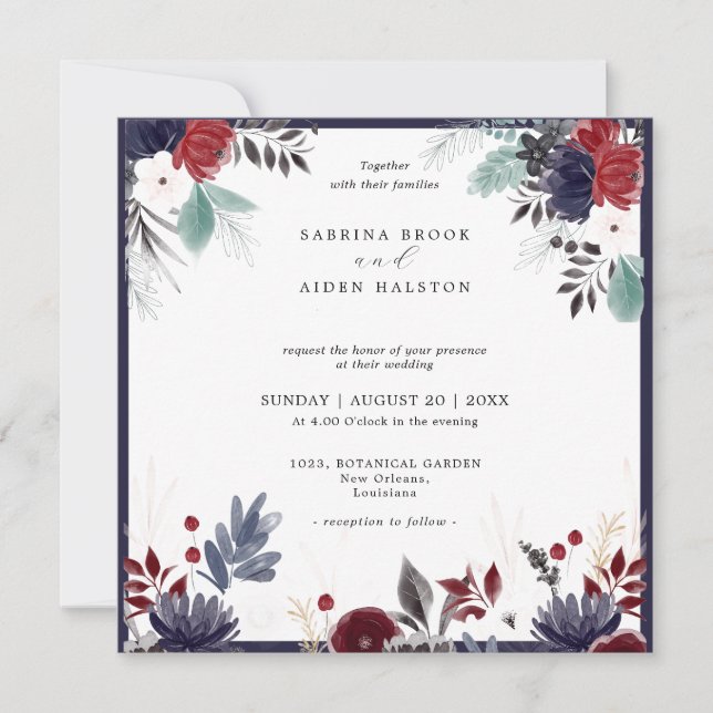 Invitación Boda floral gótica azul borgoña de la Marina (Anverso)