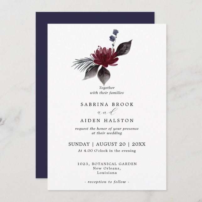 Invitación Boda floral gótica azul borgoña de la Marina (Anverso / Reverso)