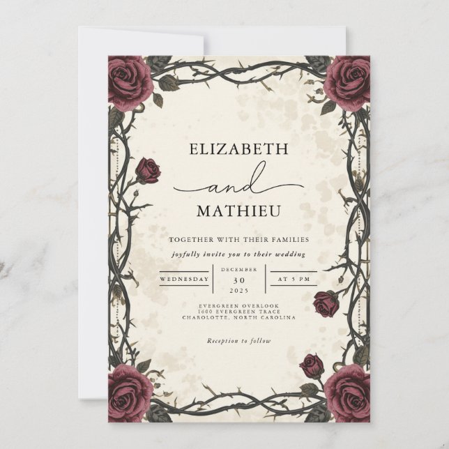 Invitación Boda floral gótica borgoña oscura (Anverso)