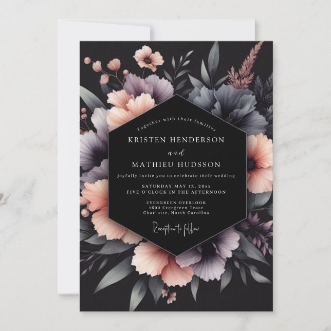 Invitación Boda floral gótica de carbón y rubor (Anverso)