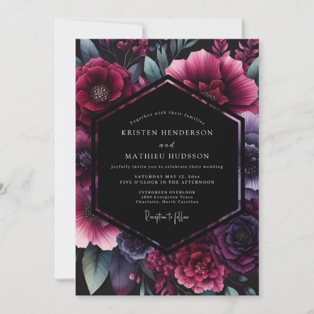 Invitación Boda floral gótica de ciruela (Anverso)