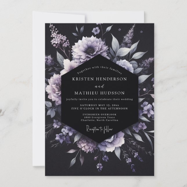Invitación Boda floral gótica de lavanda (Anverso)