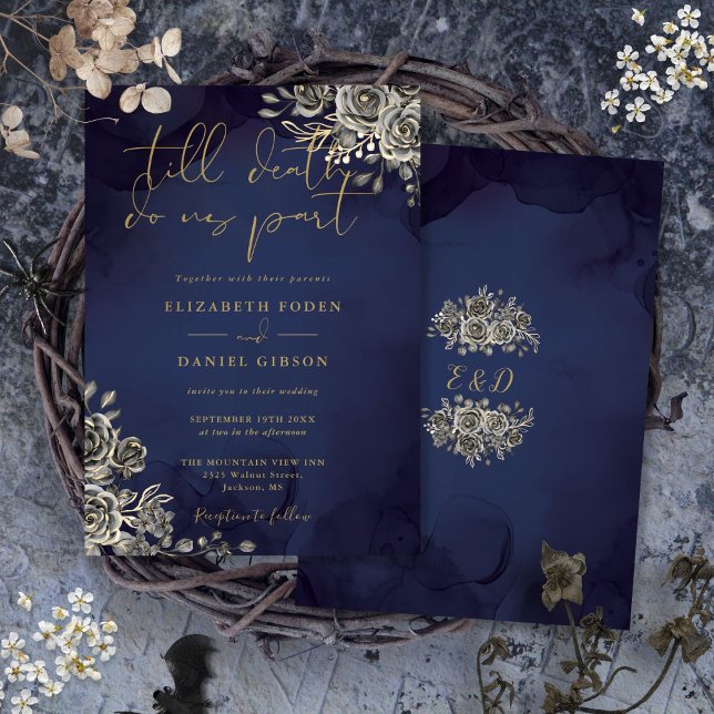 Invitación Boda Floral Gótica Dorada y Azul Medianoche (Gothic Floral Gold And Midnight Blue Wedding Invitation)