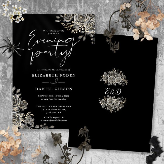 Invitación Boda floral gótica en blanco y negro, fiesta de no (Black And White Goth Floral Wedding Evening Party Invitation)