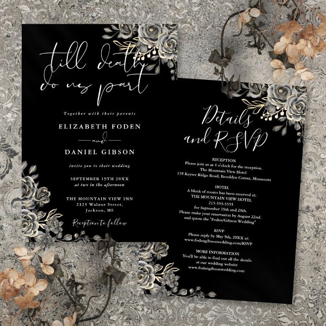 Invitación Boda floral gótica en blanco y negro todo en uno (All In One Black And White Gothic Floral Wedding Invitation)