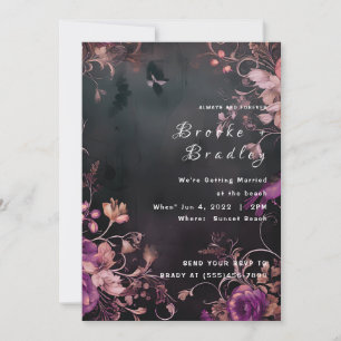 Invitación Boda floral gótica en negro y fucsia