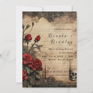 Invitación Boda floral gótica en pergamino y rojo intenso