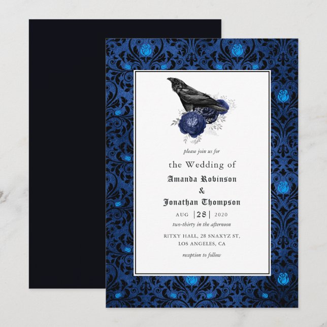 Invitación Boda floral gótica negra y azul (Anverso / Reverso)