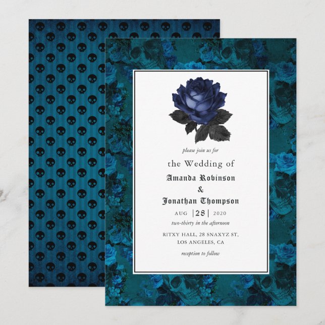 Invitación Boda floral gótica negra y azul (Anverso / Reverso)