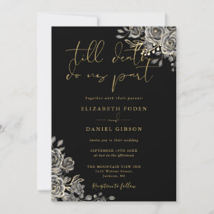 Invitación Boda Floral Gótica Negra y Dorada Todo en Uno