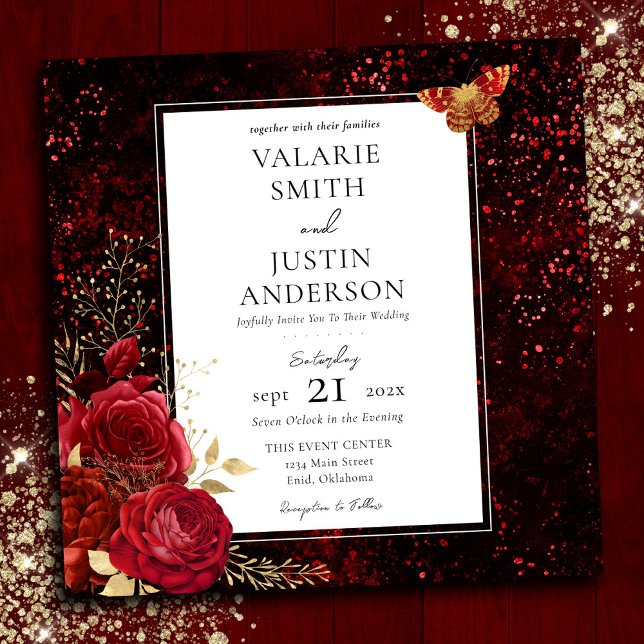 Invitación Boda floral gótico de salpicaduras rojas todo en u (Subido por el creador)