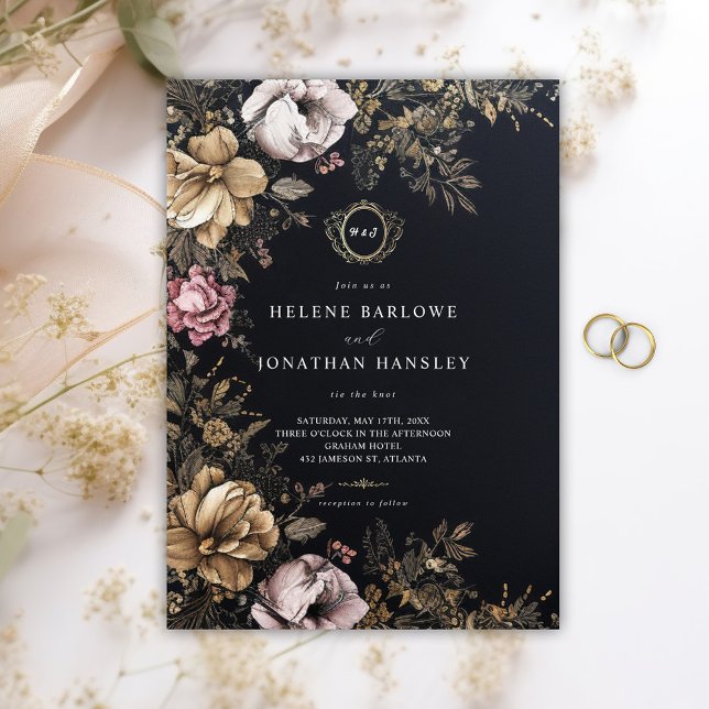 Invitación Boda floral gótico negro monograma (Floral Gothic Black Monogram Wedding Invitation)