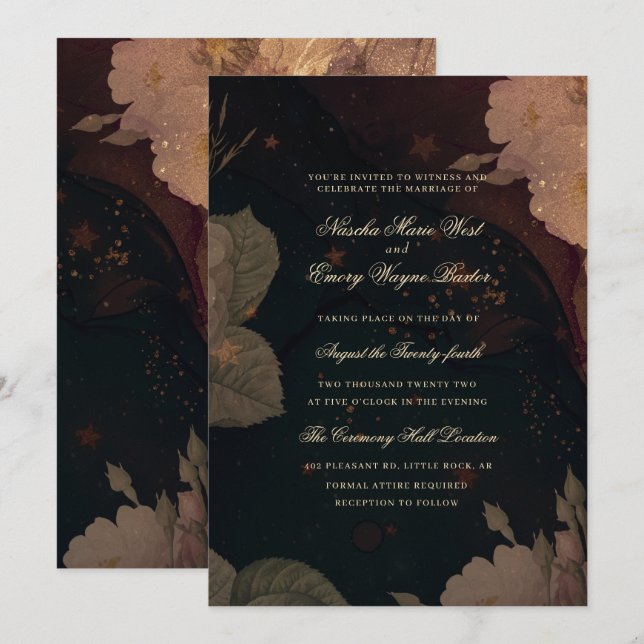 Invitación Boda floral gótico oscuro Boho rojo (Anverso / Reverso)