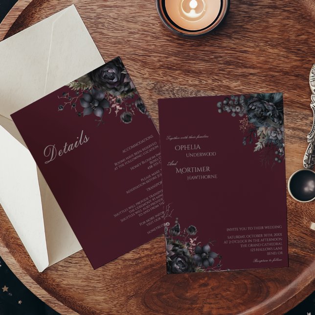Invitación Boda floral gótico oscuro detalla todo en uno (Subido por el creador)