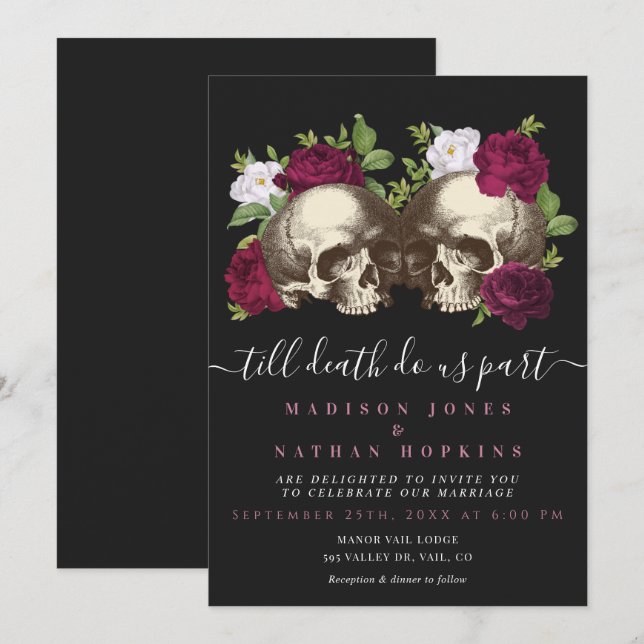 Invitación Boda floral gótico oscuro Moody Skull (Anverso / Reverso)