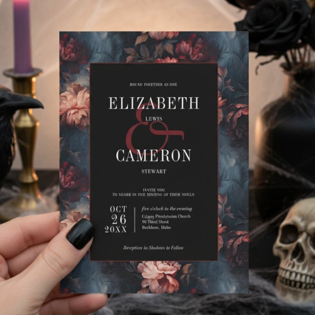 Invitación Boda floral gótico oscuro rojo y rosa (Subido por el creador)