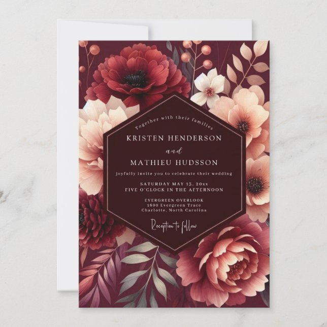 Invitación Boda Floral Granate (Anverso)