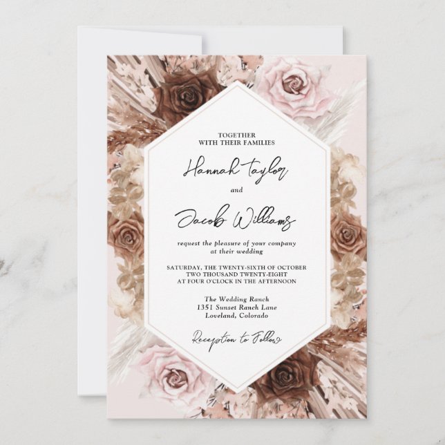 Invitación Boda Floral Grasada Rubor Pink Boho Pampas (Anverso)