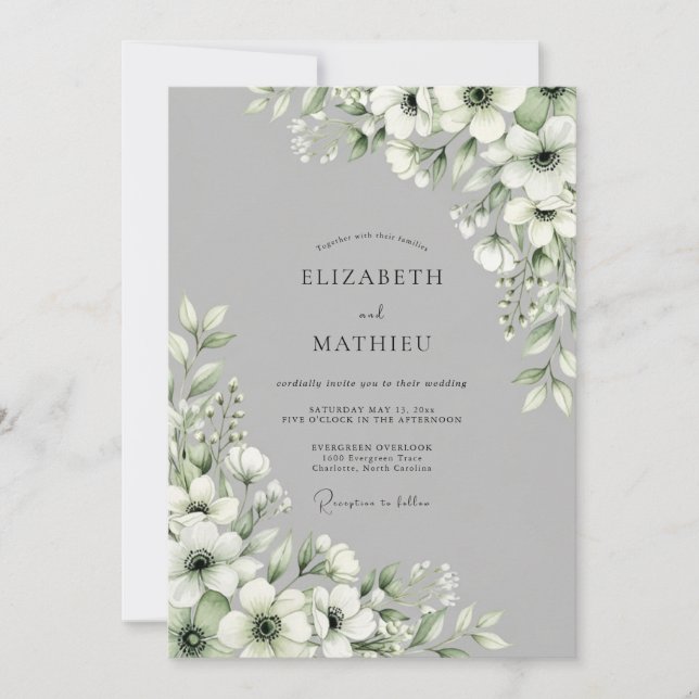 Invitación Boda Floral Gris (Anverso)