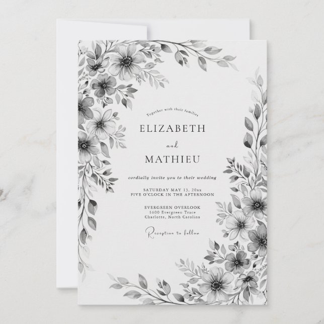 Invitación Boda floral gris (Anverso)