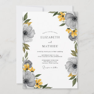 Invitación Boda floral gris amarilla de primavera