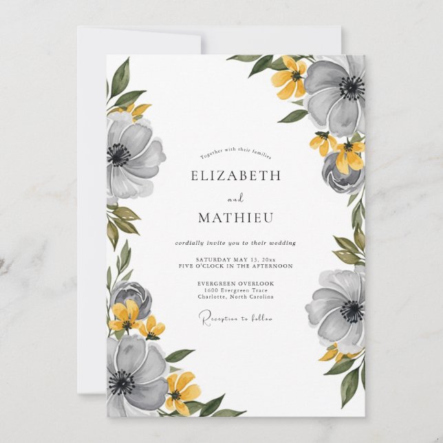 Invitación Boda floral gris amarilla de primavera (Anverso)