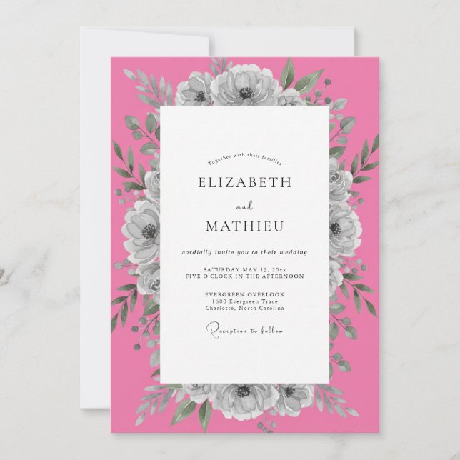Invitación Boda floral gris apagado rosa caliente (Anverso)