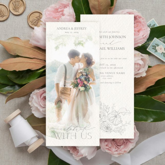 Invitación Boda floral gris de la máscara fotográfica acuarel (Subido por el creador)
