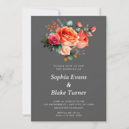 Invitación Boda floral gris de rosas naranja y rosa