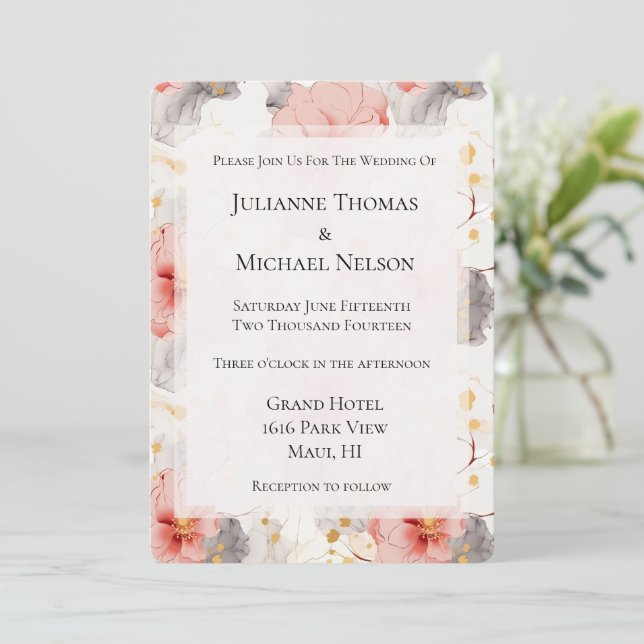 Invitación Boda floral gris de Rubor Coral (Anverso de pie)