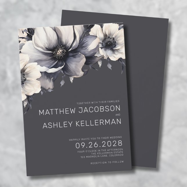 Invitación Boda floral gris elegante (Elegant Modern Gray Floral Wedding Invitation)